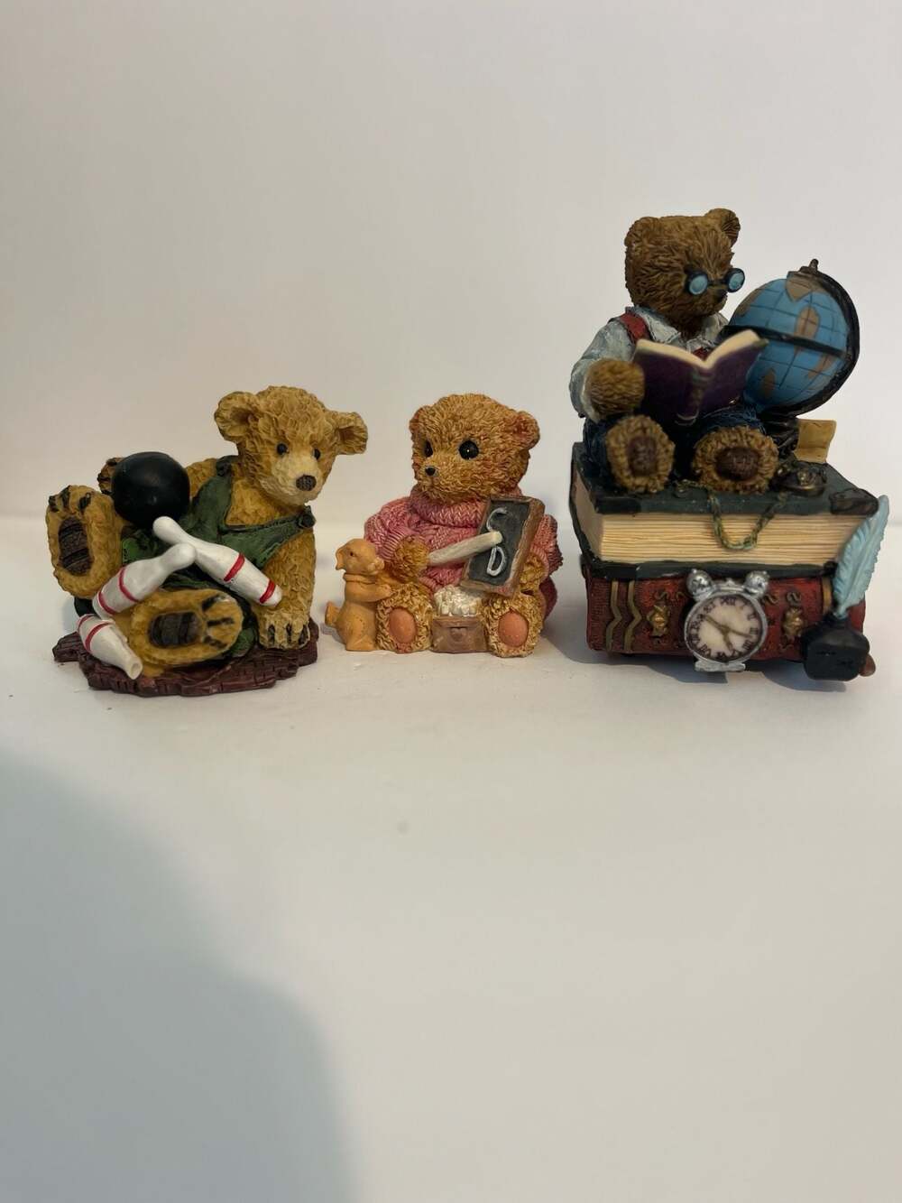 Lot of 3 Vintage Resin Teddy Bear Figurines - Scholar Music Box and Bowling Bear